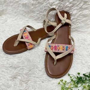 Toms Lexie Burlap Multicolored Embroidered Aztec Pattern Flat Sandals sz 11‎